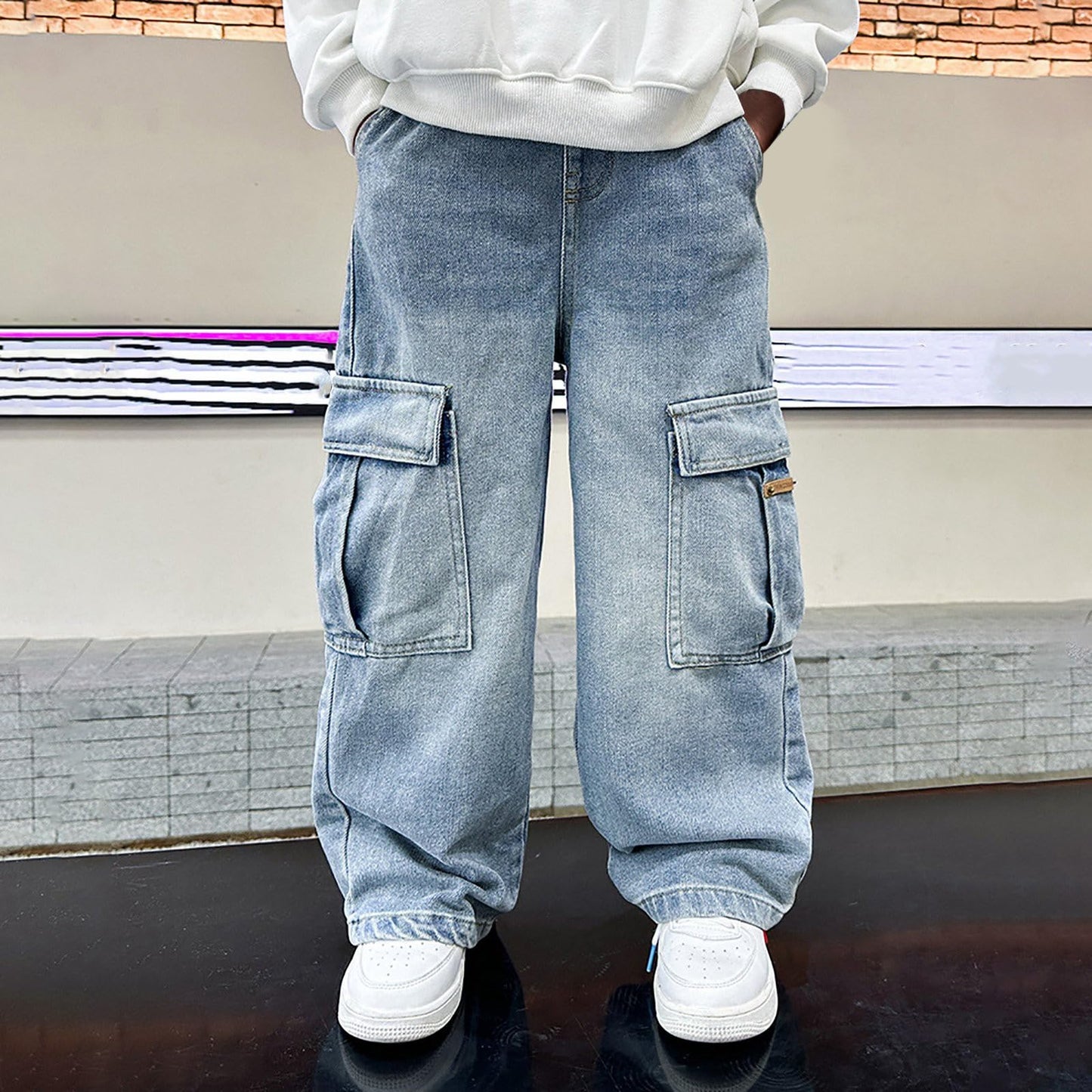 Children's Baggy Jeans Boys Wide Leg Jeans Loose Fit Denim Vintage Trousers Casual Wide Leg Jeans Streetwear Outdoor Vintage Loose Fit Baggy Jogging Bottoms Boys Black Trousers Cargo Trousers Pants