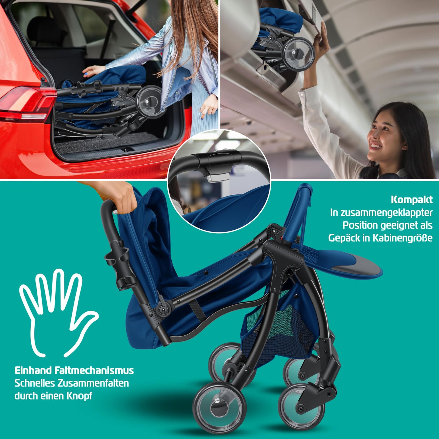 KIDIZ® Folding Pushchair, Sports Pram, 360° Wheels, 5-Point Harness, incl. Drinks Holder, Rain Cover, Adjustable Backrest and Sun Canopy, Red