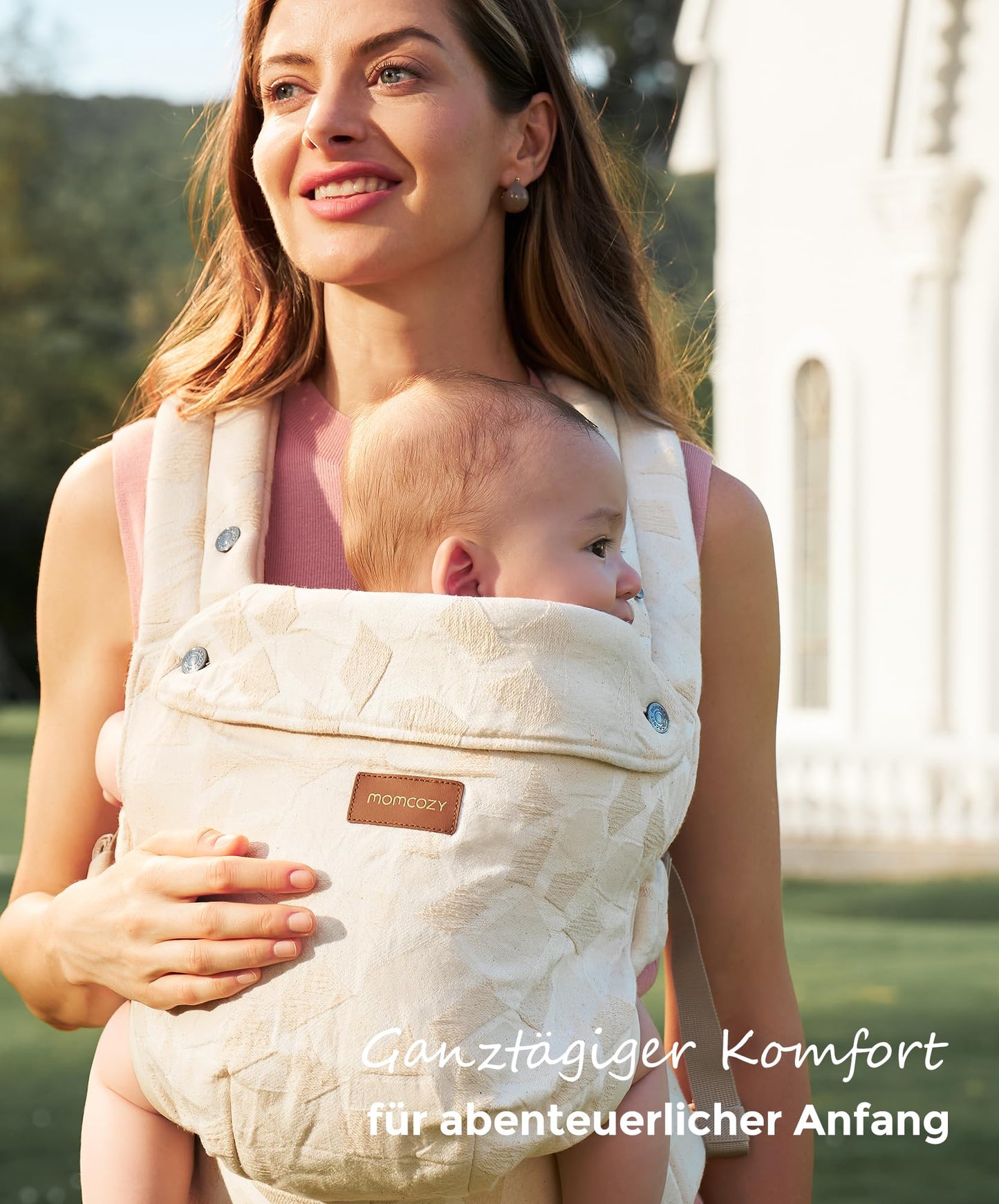 Momcozy Babytrage aus 100% Baumwolle – Baby Carrier für Kleinkind (3-24 Monate, 3,2-20 kg) · Ergonomische M-Position · X-Rücken · Taillengurt 64-127cm, Khaki