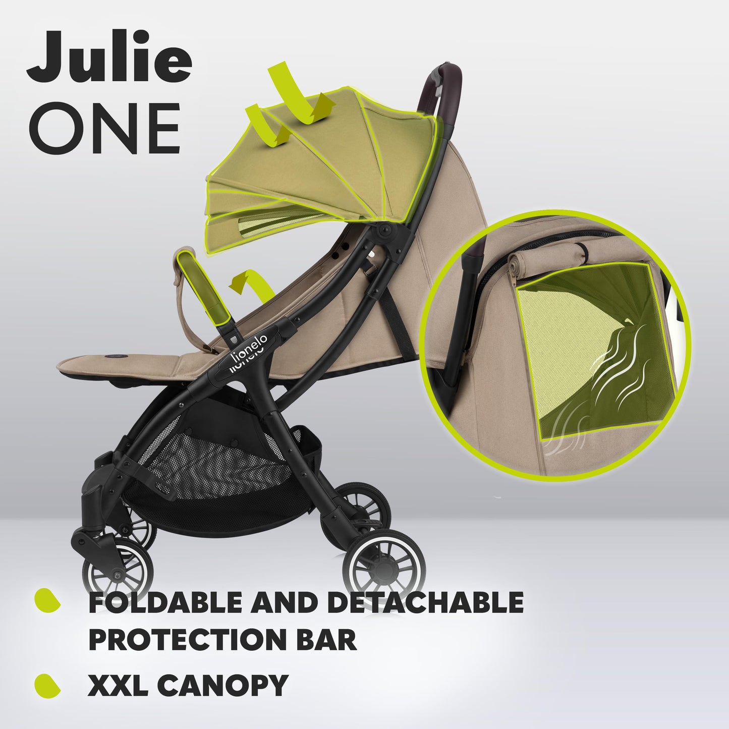 LIONELO Julie One Buggy Pushchair up to 22 kg, Adjustable Backrest and Footrest, Mosquito Net, Leg Warmer, Drink Holder and Transport Bag, Foldable