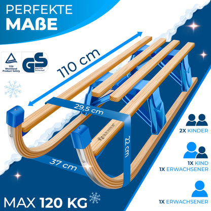 KESSER® Wooden Sledge Premium Children's Folding Sledge Made of Beech Wood Including Pull Rope Slider Metal Runners