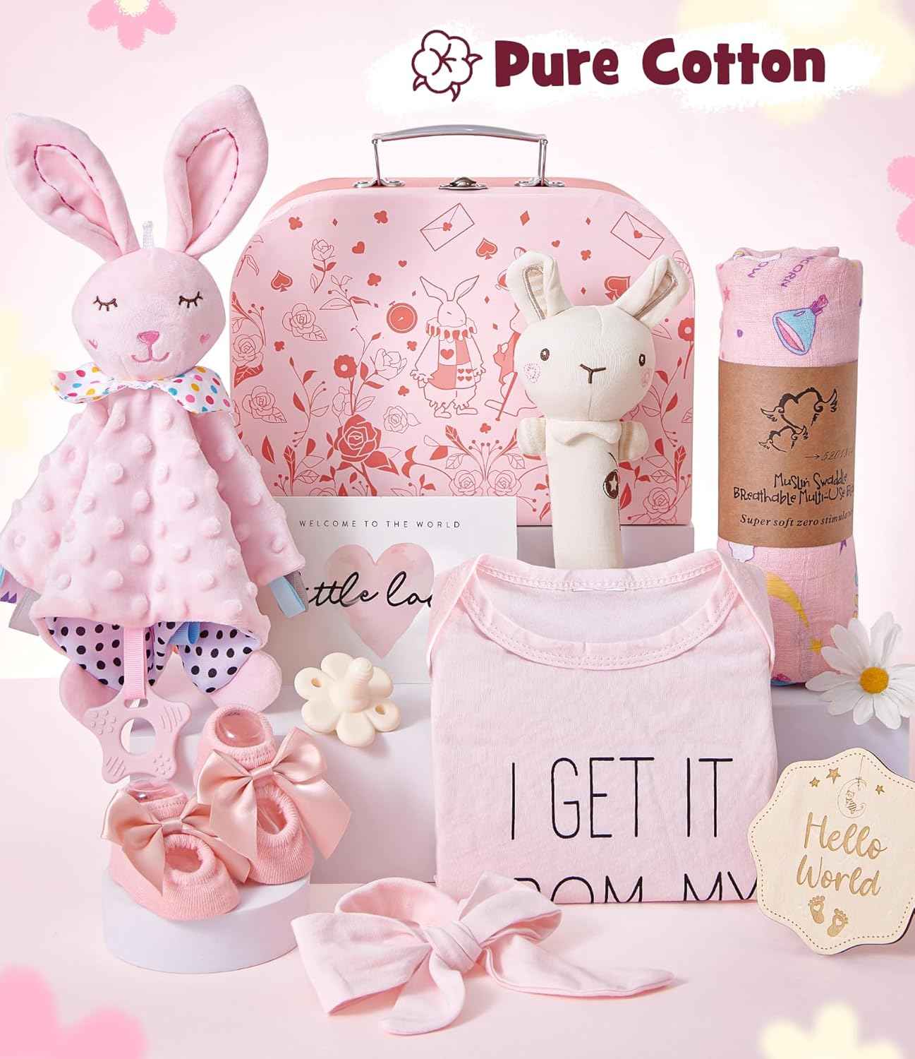 Baby Gift Boys Girls Newborn Gifts for Birth with Comforter Blanket / Baby Romper / Socks / Muslin Blanket / Rattle Nappy Cake Gift Box Baby Shower Party Gender Reveal Gift (Pink)