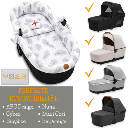 Stubenwagen Umrandung aus Musselin Baumwolle – Nestchen für Babywanne Kinderwagen und Buggy Atmungsaktiv – Schonbezug Set 3-teilig mit Kissen und Einlage für Neugeborene Gefieder