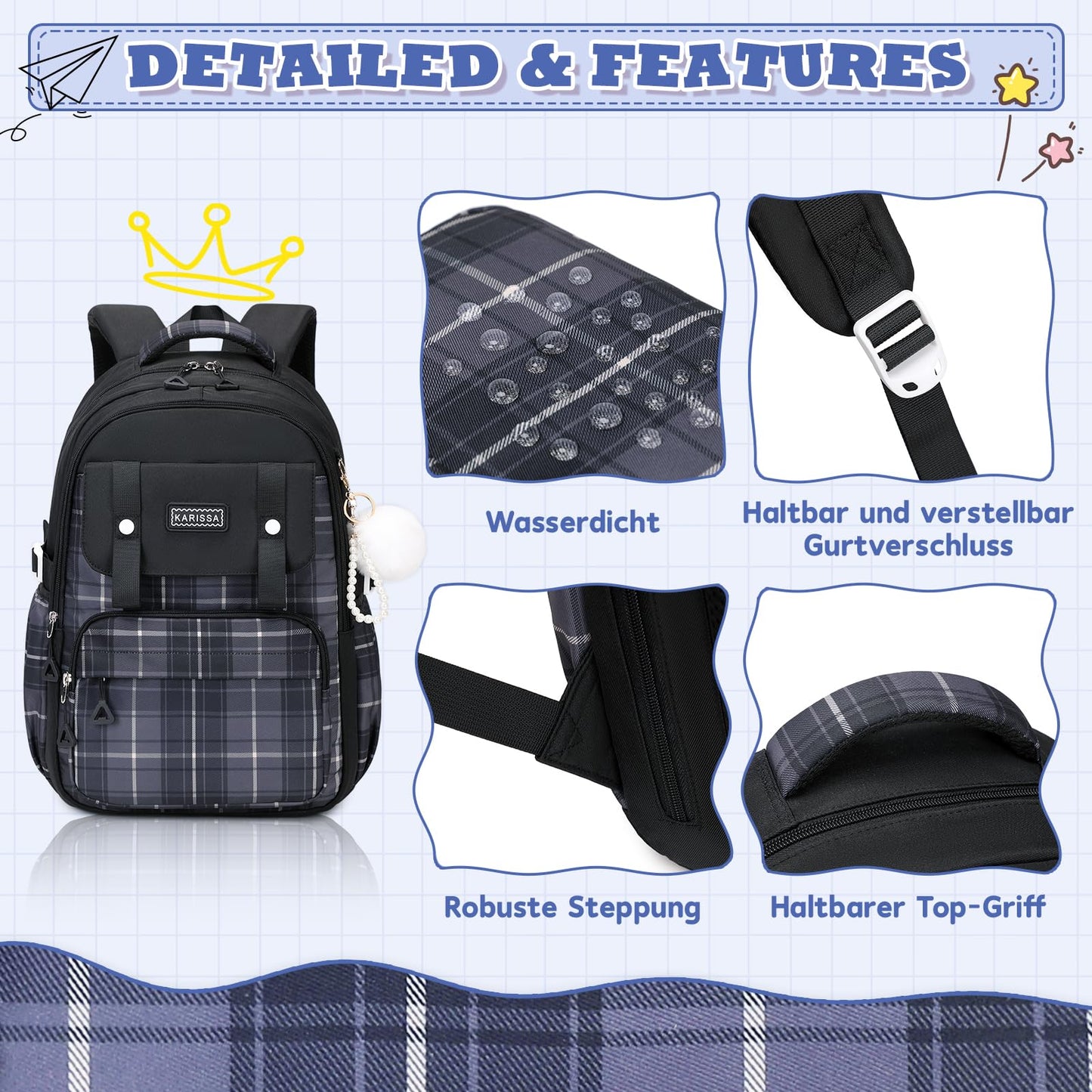 Rucksack mädchen 22L ergonomisch mit reflektierenden Streifen | Wasserdichtes Karogewebe, atmungsaktives 3D-Rückenpolster, zahlreiche getrennte Fächer, passend für 15,6-Zoll-Laptops