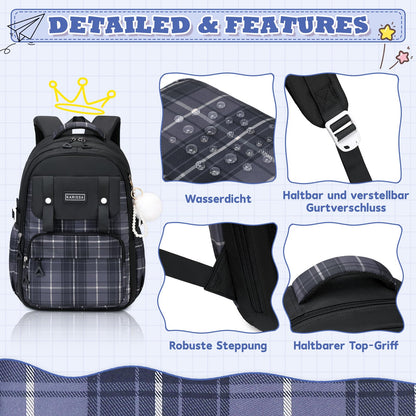 Rucksack mädchen 22L ergonomisch mit reflektierenden Streifen | Wasserdichtes Karogewebe, atmungsaktives 3D-Rückenpolster, zahlreiche getrennte Fächer, passend für 15,6-Zoll-Laptops