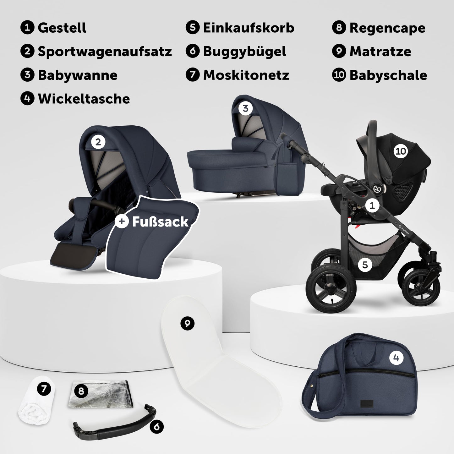 Bergsteiger Capri 3-in-1 Combination Pushchair - Baby Carrier, Sports Seat & i-Size Baby Seat, Pneumatic Tyres, Suspension, Height-Adjustable Handle, Foldable, Accessories