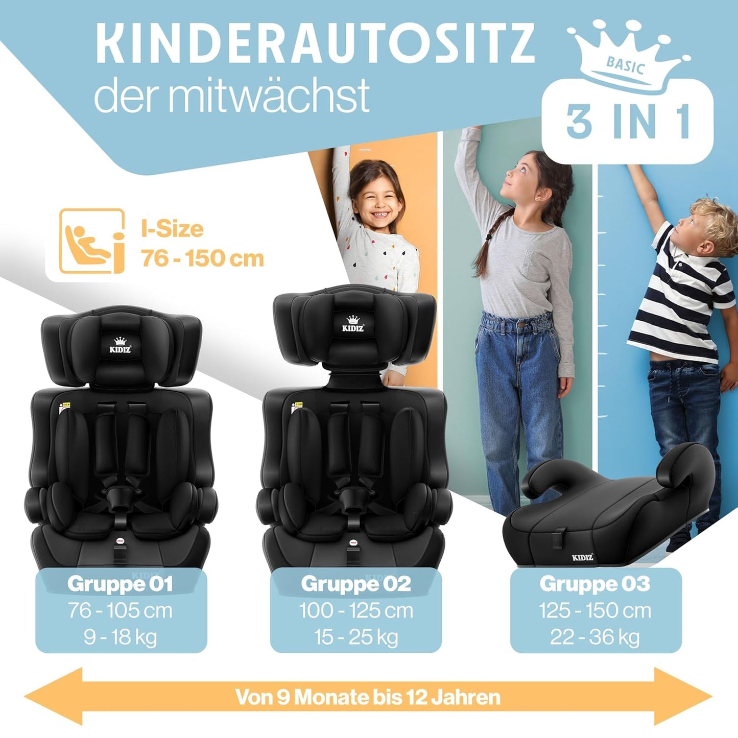 Autokindersitz mit Isofix i-Size R129 100-150cm bis 12 Jahre, Kinderautositz Gruppe 1/2/3, mitwachsender Kindersitz, 5-Punkt-Gurt & höhenverstellbare Kopfstütze, Sitzerhöhung Auto, Schwarz