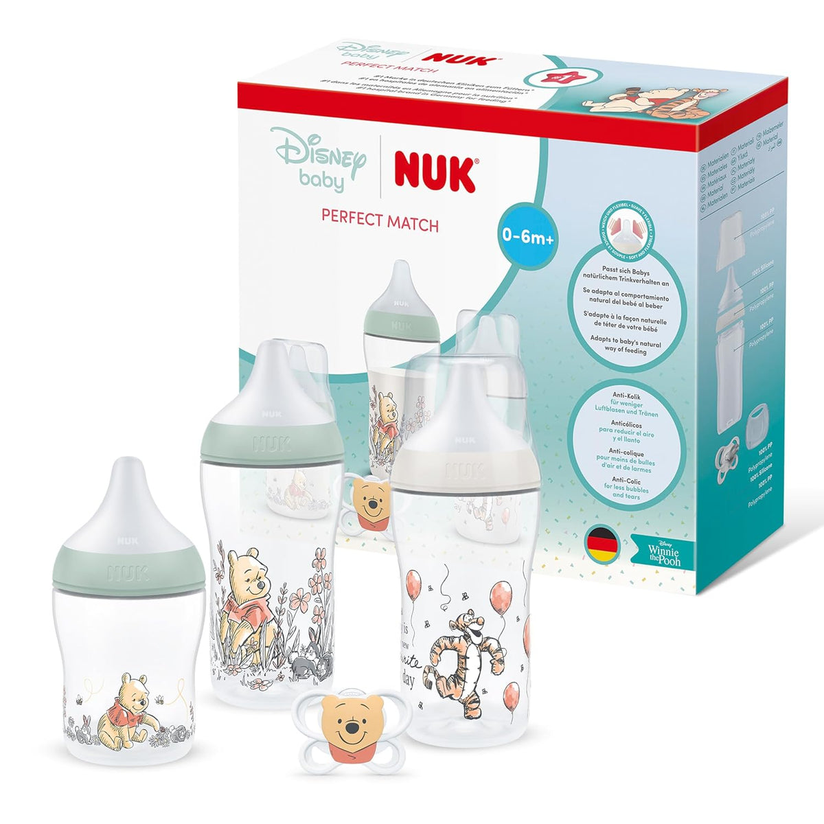 NUK First Choice+ Baby Bottle Starter Set | 0–6 months | 4 bottles with Temperature Control &amp; Bottle Box | Anti-Colic Air System | BPA-free | Disney Winnie the Pooh 