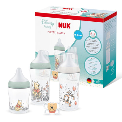 NUK First Choice+ Baby Bottle Starter Set | 0–6 months | 4 bottles with Temperature Control &amp; Bottle Box | Anti-Colic Air System | BPA-free | Disney Winnie the Pooh 