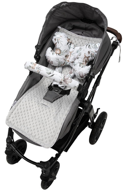 Sitzauflage Kinderwagen Buggy Baby Sommer Kindersitz Einlage Universal - 5tgl Gurtpolster + Spielbogen Kinderwagenset Babyschale (Safari mit beige Minky)