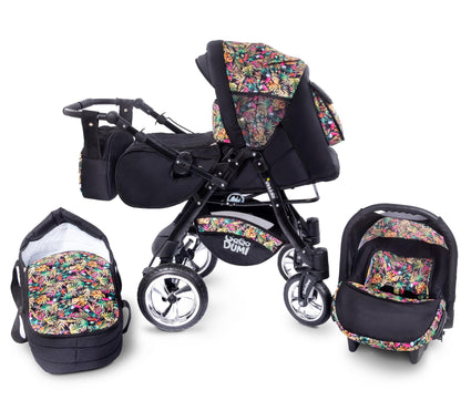 GaGaDumi Urbano Kinderwagen 3 in 1 Komplettset mit Autositz - Baby Stroller 3 in 1 TÜV - Kombikinderwagen 3 in 1 Komplettset Voll-Gummireifen - Blau Schwarz