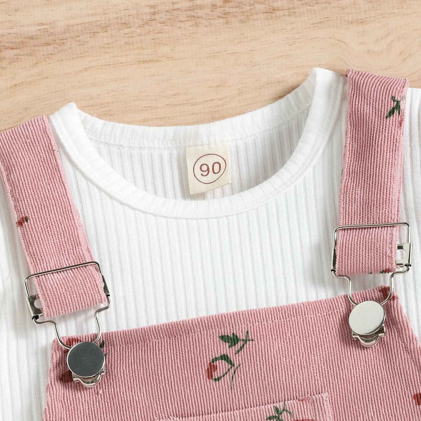 Baby Girls' Clothing Ribbed Knit Long Sleeve Tops Floral Pattern Braces Trousers with Pocket Outfits Sets