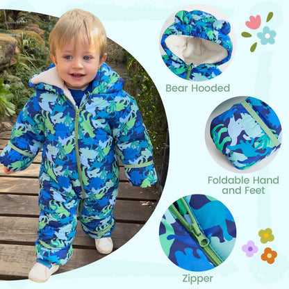 JiAmy Baby Winter Snowsuit, Toddler Bear Hood Fold-Over Mittens Booties Jumpsuit Toddler Warm Fleece Romper Girls Boys Warm Jumpsuit 3-24 Months