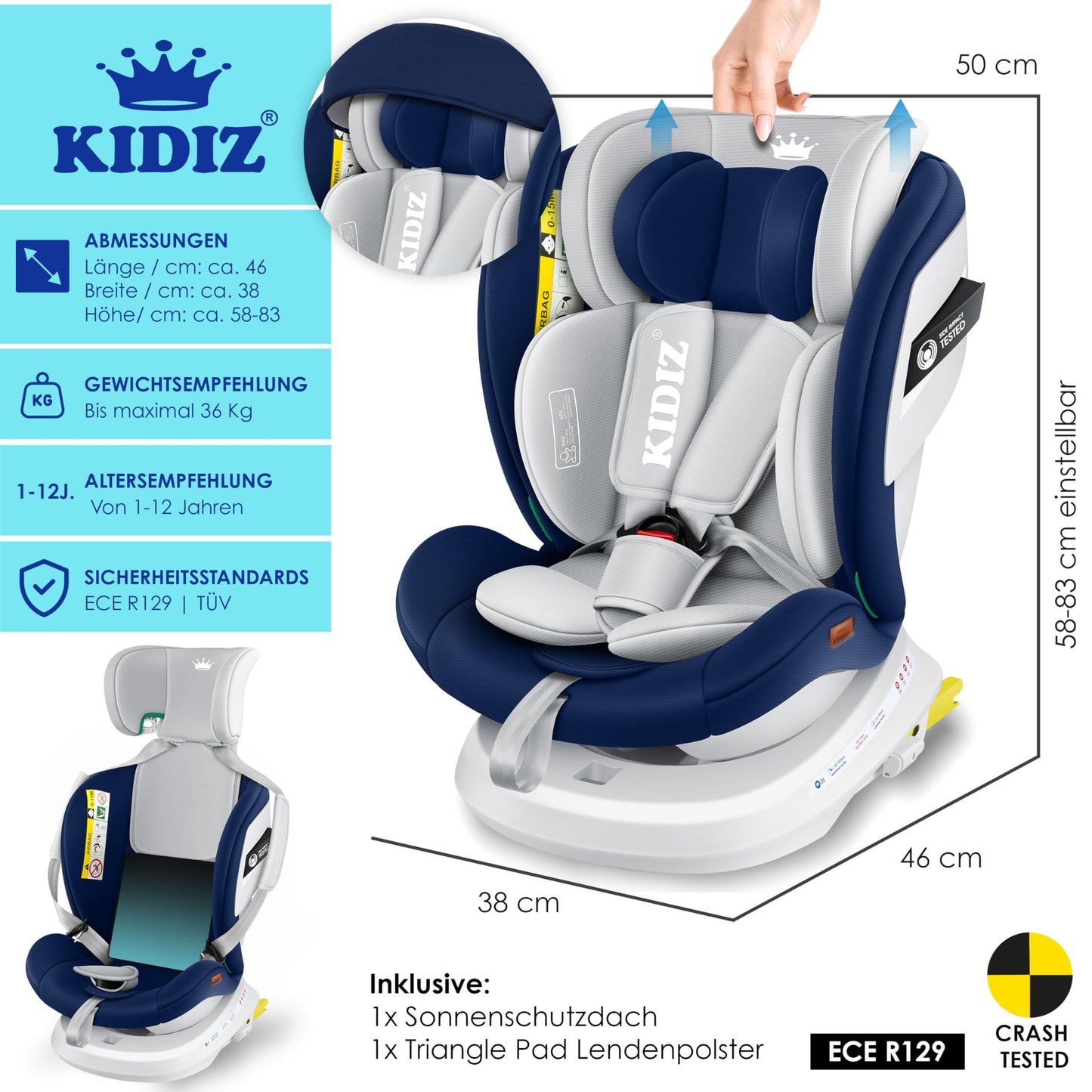 KIDIZ® Kindersitz Baby Autositz Kinderautositz Isofix Top Tether 360° drehbar Gruppe 0/1/2/3 ab Geburt 0-36kg Mit Sonnenschutzdach Seitenschutz 5 Punkt Gurt Kopfstützenverstellung ECE R129 Grau - Meloni2