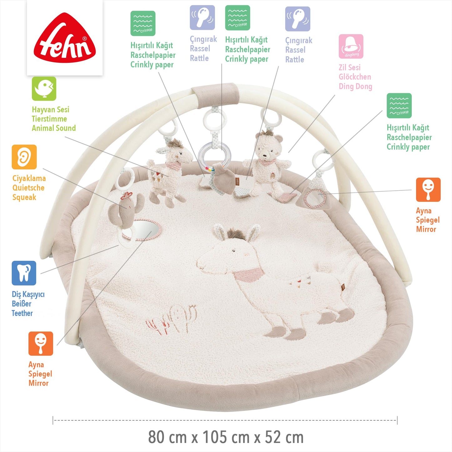 Fehn 3-D-Activity-Decke Spielbogen Peru – Baby Krabbeldecke mit 5 abnehmbaren Spielzeugen zum Greifen – Spieldecke für Babys und Kinder ab 0+ Monaten – Krabbelmatte als Geschenk zur Geburt