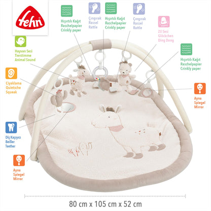 Fehn 3-D-Activity-Decke Spielbogen Peru – Baby Krabbeldecke mit 5 abnehmbaren Spielzeugen zum Greifen – Spieldecke für Babys und Kinder ab 0+ Monaten – Krabbelmatte als Geschenk zur Geburt