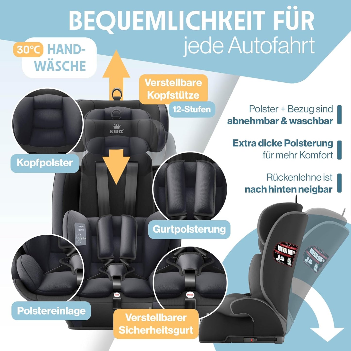 Autokindersitz mit Isofix i-Size R129 100-150cm bis 12 Jahre, Kinderautositz Gruppe 1/2/3, mitwachsender Kindersitz, 5-Punkt-Gurt & höhenverstellbare Kopfstütze, Sitzerhöhung Auto, Schwarz