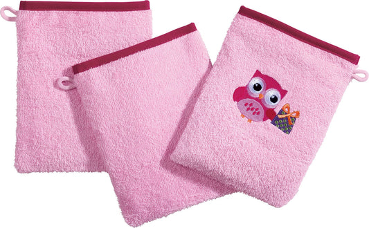 Erwin Müller Kinder Waschhandschuh, Waschlappen Frottier 3er-Pack Eule rosa Größe 15x21 cm - saugstark, langlebig, angenehm weich