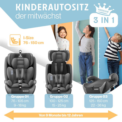 Autokindersitz mit Isofix i-Size R129 100-150cm bis 12 Jahre, Kinderautositz Gruppe 1/2/3, mitwachsender Kindersitz, 5-Punkt-Gurt & höhenverstellbare Kopfstütze, Sitzerhöhung Auto, Schwarz