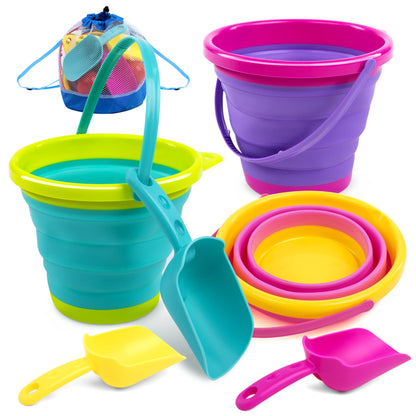 JOYIN 3 Packungen Faltbarer Eimer mit Schaufeln (Bonus-Netztasche), Faltbarer Eimer Mehrzweck für Strand, Strandausrüstung, Sandkasten Spielzeug
