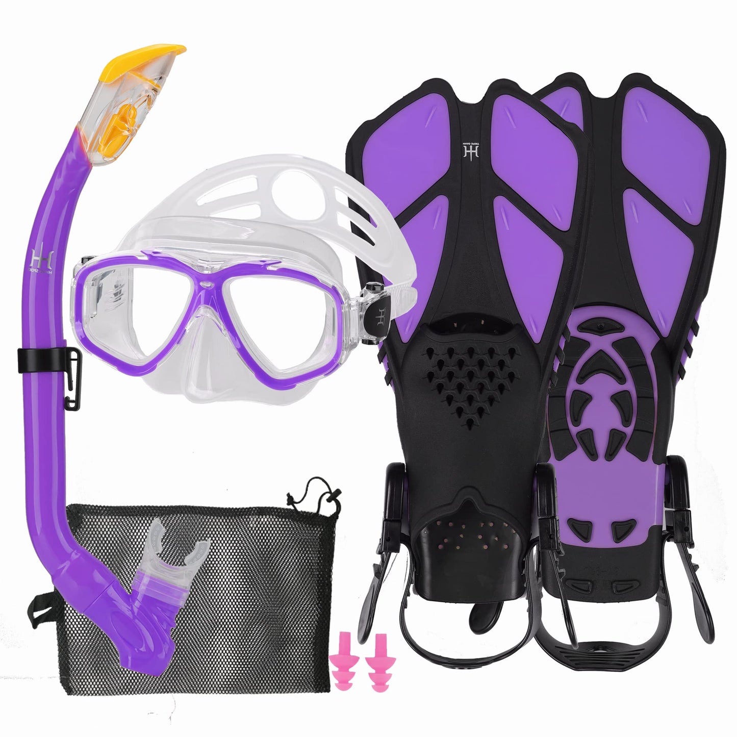 HH HHAO SPORT Children's snorkel set with fins, 180° panorama wide view diving goggles children, adjustable flippers, high-quality diving mask and dry top snorkel