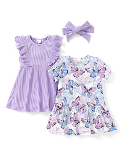 PATPAT Baby Mädchen Kleid Set, Packung mit 2 Süßes Sommerkleider Ärmellos Rüschen Prinzessin Kleider Kurze Ärmel, Kleinkind A-Linien-Kleid für Hochzeit Geburtstag Party Bankett Urlaub, 3-24 Monate