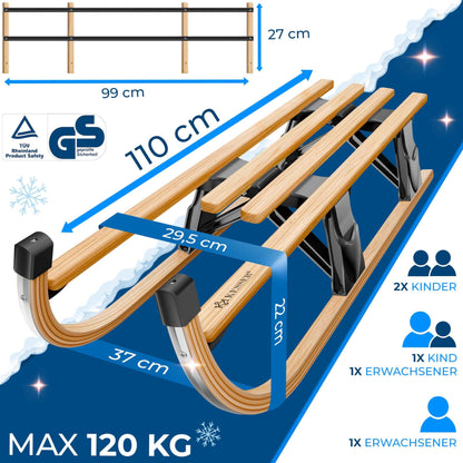 KESSER® Wooden Sledge Premium Children's Folding Sledge Made of Beech Wood Including Pull Rope Slider Metal Runners