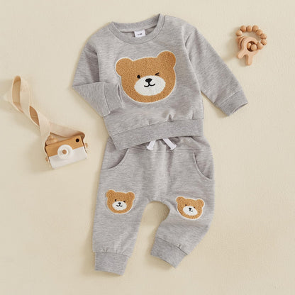 Carolilly Baby Suit 2-Piece Clothing Outfit Baby Clothing Set Cute Long Sleeve Sweatshirt Embroidered Bear + Long Trousers Warm Children's Suit Autumn Spring