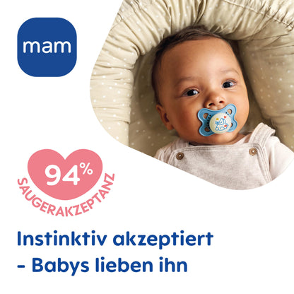 MAM Original Schnuller im 2er-Set, zahnfreundlicher Baby aus nachhaltigen & bio-erneuerbaren Materialien, Sauger aus SkinSoft Silikon, mit Schnullerbox, 0-6 Monate, Fisch/Seerose - Meloni2