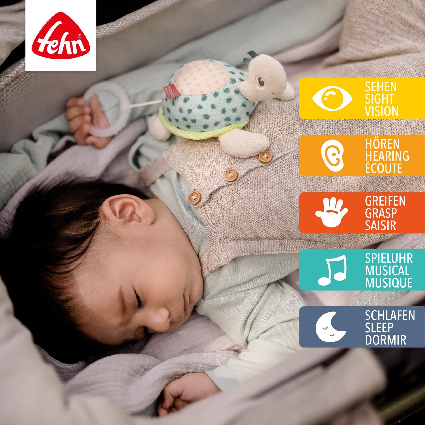 Fehn Mini-Spieluhr Fee – Kuscheltier & Einschlafhilfe: Aufzieh-Spieluhr mit sanfter Melodie „Schwanensee“ beruhigt in jeder Situation – für Babys und Kleinkinder ab 0+ Monaten