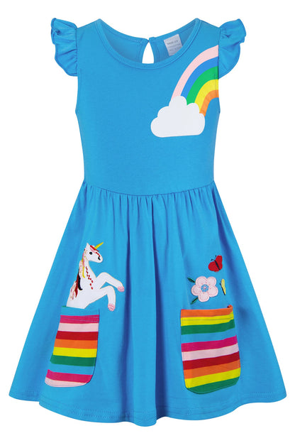 SFreeBo Girls Dresses Unicorn Rainbow Dress Kids Girls Gift Cotton Colourful Dresses for Girls 104 110 116 122 128