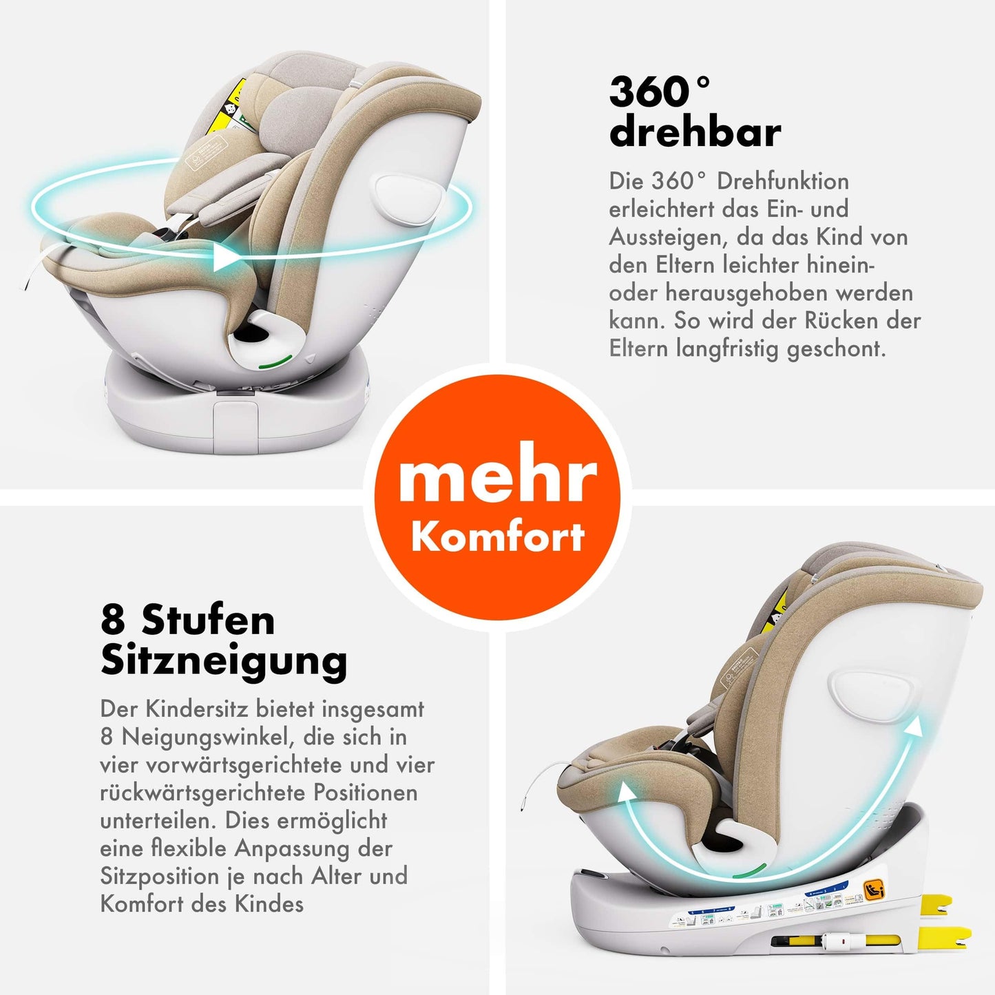 Daliya® Kindersitz ROTAZIONE | I-SIZE 40-150 cm | 8 Pos. | Isofix | (SIP) | Top Tether | 360° | 5 Punkt Gurt | Gruppe 0+ / I/II/III 0-36 KG | Neueste Zulassungs UN ECE Reg. 129 (Beige) - Meloni2