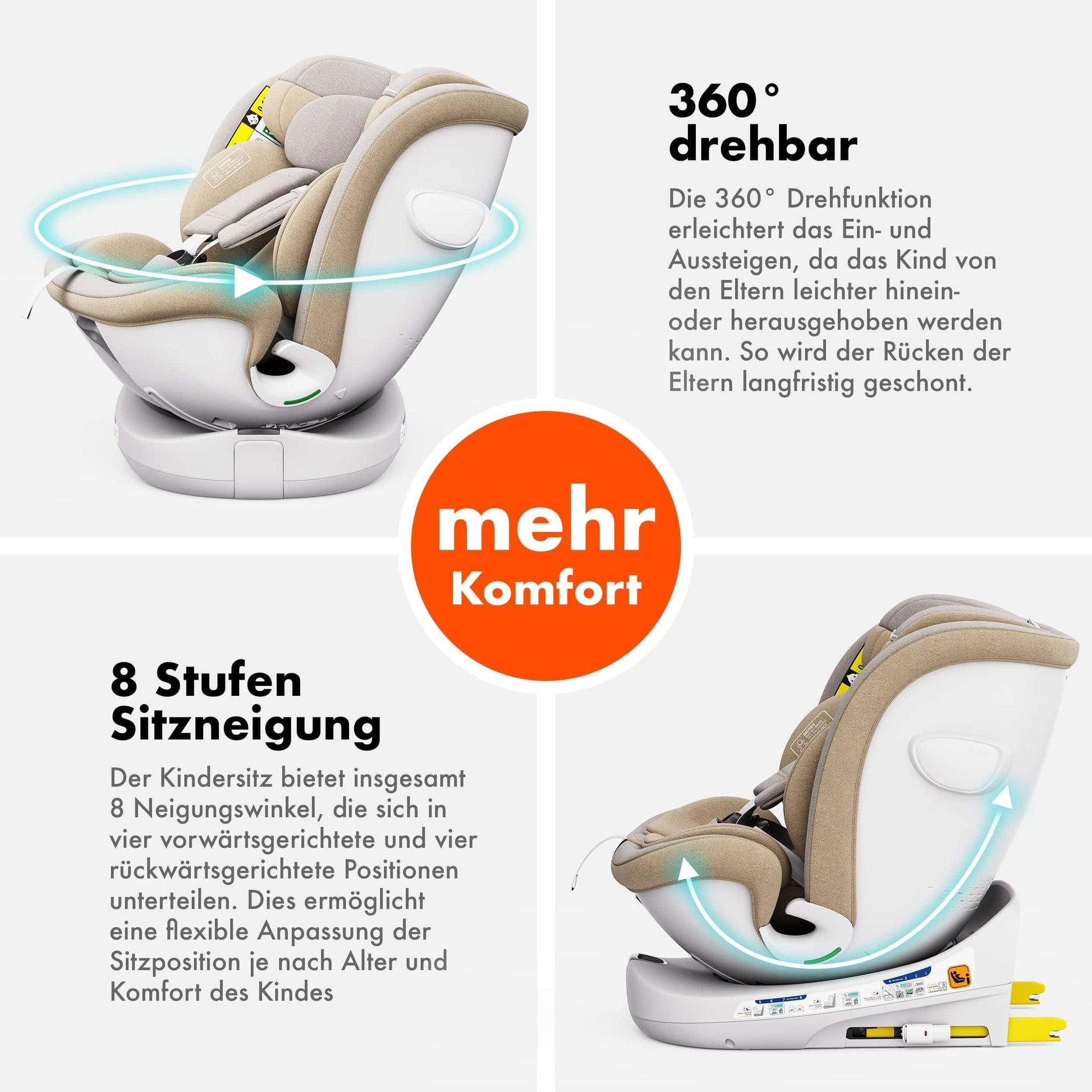 Daliya® Kindersitz ROTAZIONE | I-SIZE 40-150 cm | 8 Pos. | Isofix | (SIP) | Top Tether | 360° | 5 Punkt Gurt | Gruppe 0+ / I/II/III 0-36 KG | Neueste Zulassungs UN ECE Reg. 129 (Beige) - Meloni2