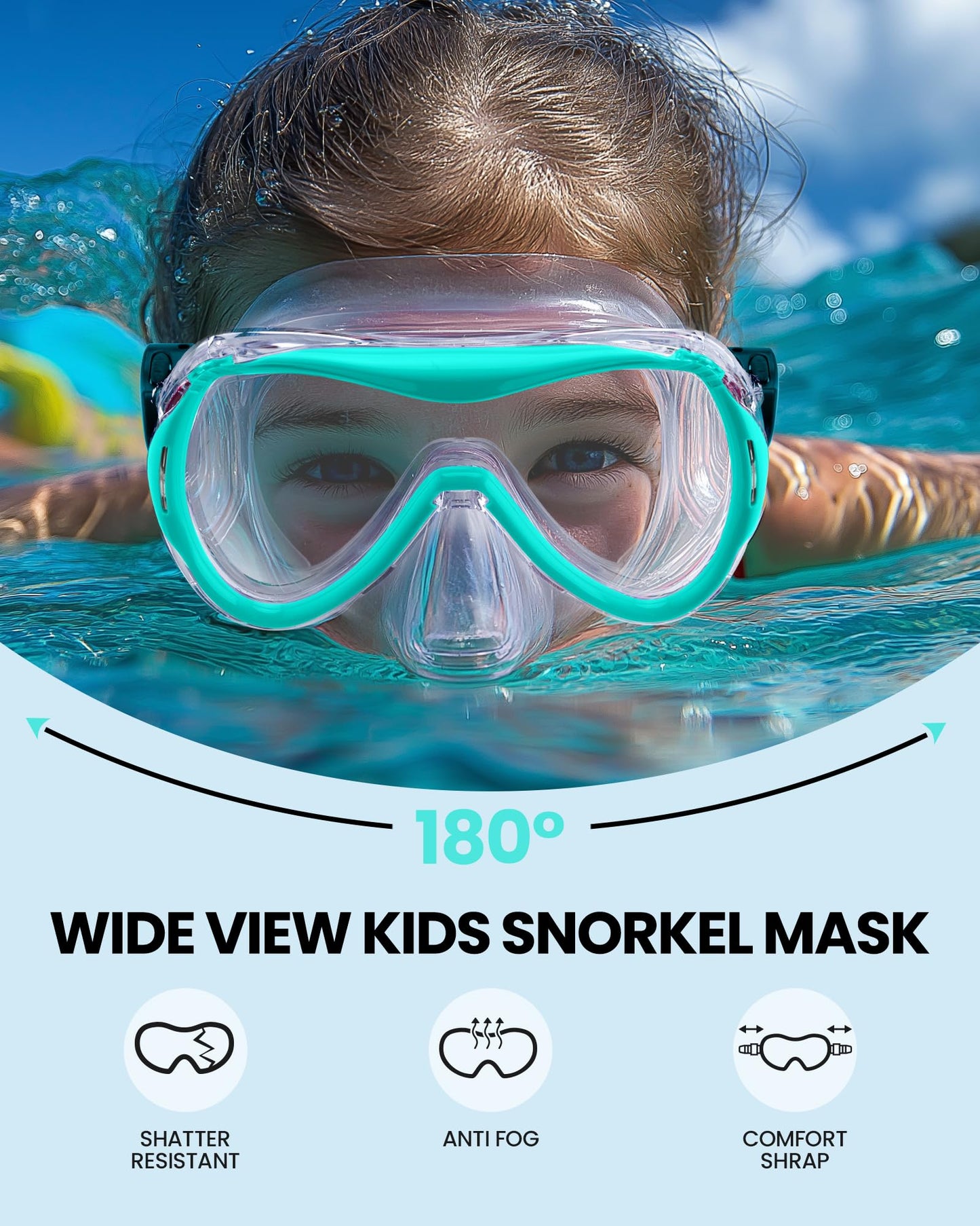OutdoorMaster Marlin Children's Snorkel Set, Adjustable Strap, Dry Top Diving Mask, Anti-Fog Snorkel Mask, Children's Swimming Goggles for Boys and Girls, Age 4-14