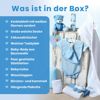 Baby Box Shop 14 Baby Gifts for Birth Boy, Ideal for Baby Showers, Baby Shower Gifts, with New Baby Essentials for Newborn Boys and a Blue Plush Teddy Bear