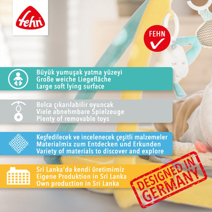 Fehn 3-D-Activity-Decke Spielbogen Peru – Baby Krabbeldecke mit 5 abnehmbaren Spielzeugen zum Greifen – Spieldecke für Babys und Kinder ab 0+ Monaten – Krabbelmatte als Geschenk zur Geburt