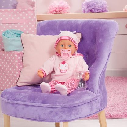 Babypuppe First Words mit Schlafaugen, spricht 24 Babylaute, mit Schnuller und Flasche, 38 cm, Rosa/Streifen