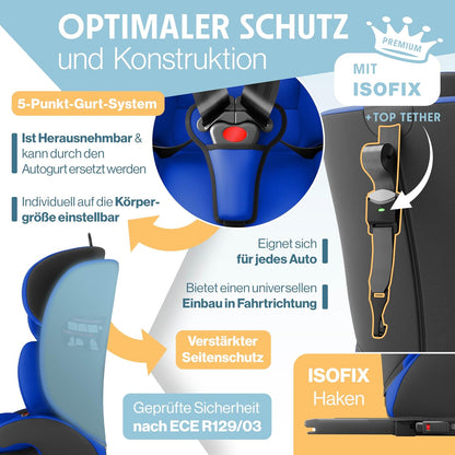 Autokindersitz mit Isofix i-Size R129 100-150cm bis 12 Jahre, Kinderautositz Gruppe 1/2/3, mitwachsender Kindersitz, 5-Punkt-Gurt & höhenverstellbare Kopfstütze, Sitzerhöhung Auto, Schwarz