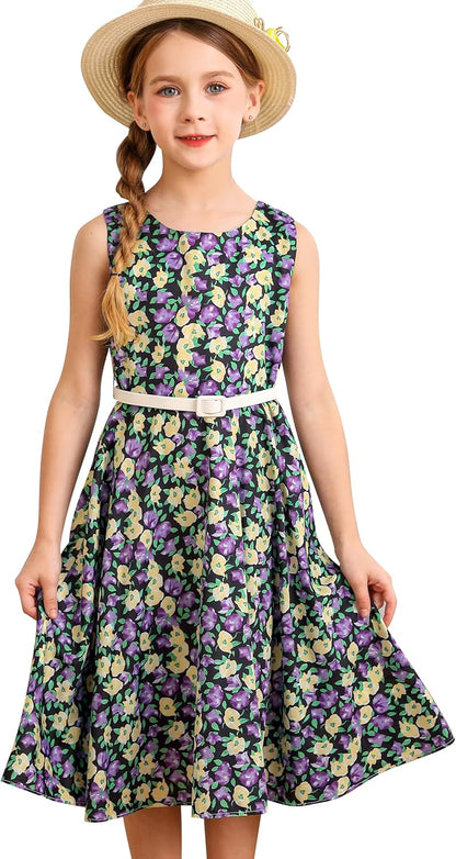 BONNY BILLY Mädchen Kleider Vintage Blumen Festlich Hochzeit Elegant Kinder Kleid mit Gürtel