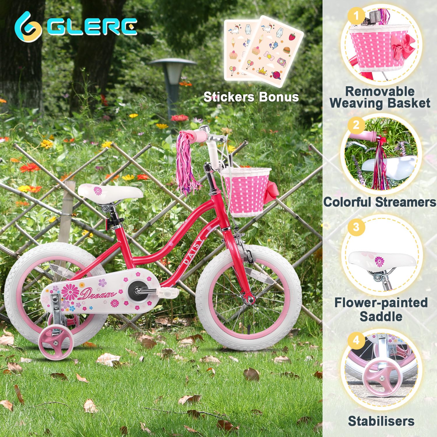 Glerc Kinderfahrrad 12/14/16 Zoll für 2-7 Jahre Mädchen Fahrrad mit Korb, Luftschlangen, Stützräder und Glocke - Meloni2
