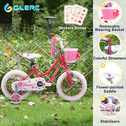 Glerc Kinderfahrrad 12/14/16 Zoll für 2-7 Jahre Mädchen Fahrrad mit Korb, Luftschlangen, Stützräder und Glocke - Meloni2