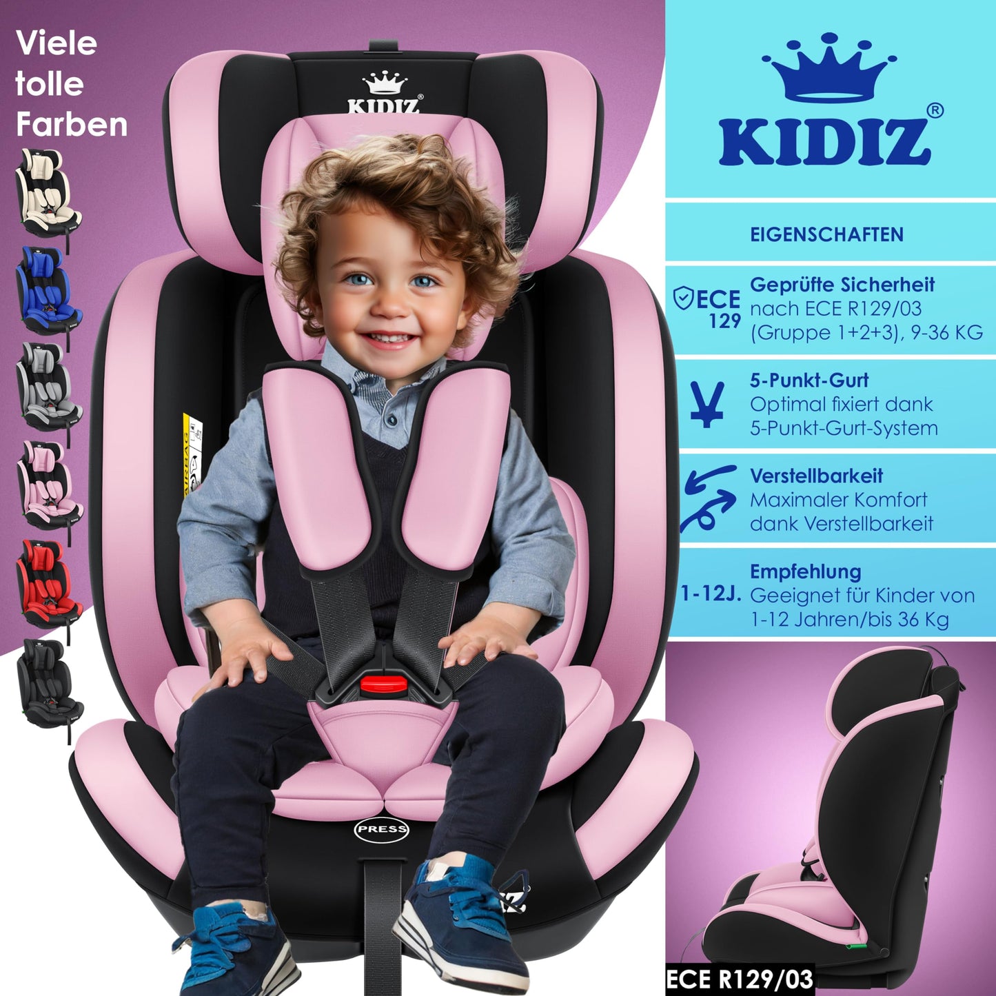 KIDIZ® Autokindersitz Kinderautositz Gruppe 1+2+3 9-36 kg 5-Punkt-Sicherheitsgurt, Autositz, Kindersitz, Einstellbare Kopfstütze, Mitwachsende Sitzerhöhung 1-12 Jahre, Stabil und Sicher - Meloni2