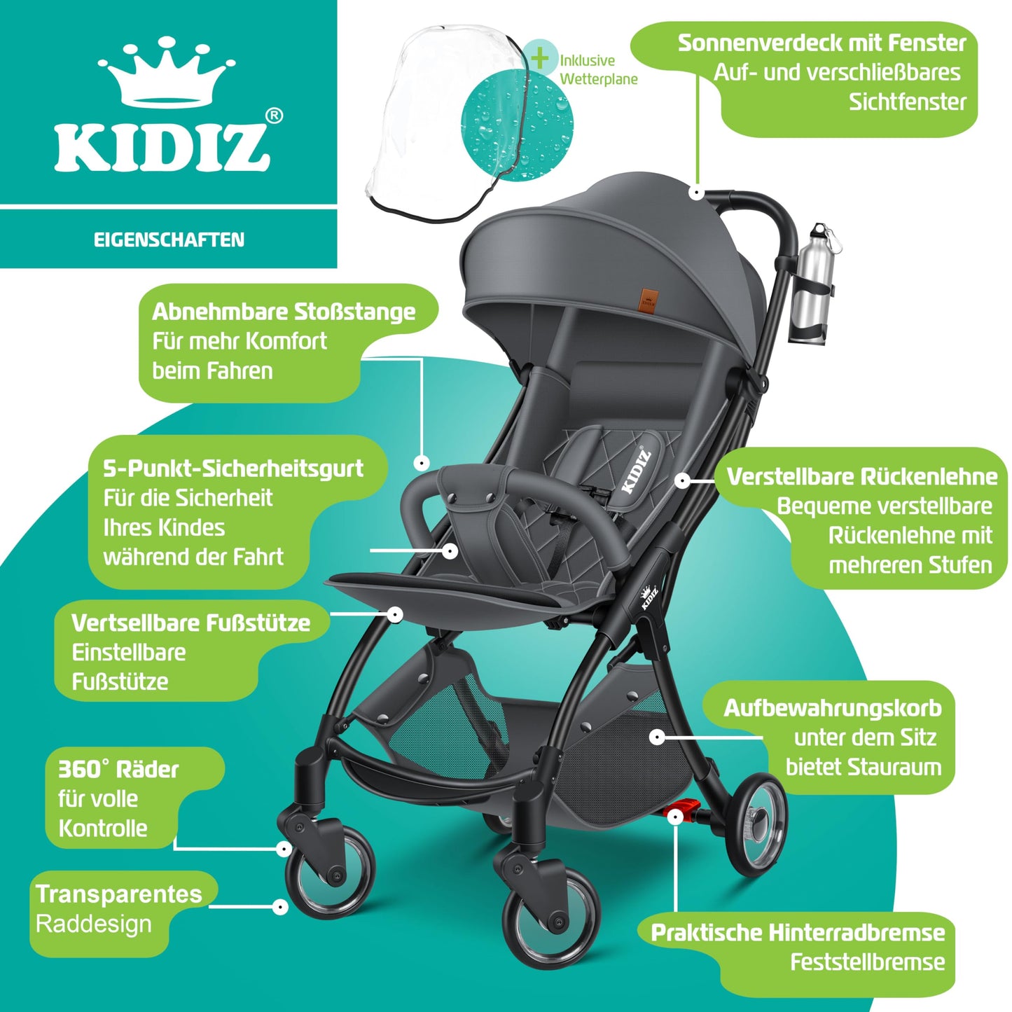 KIDIZ® Folding Pushchair, Sports Pram, 360° Wheels, 5-Point Harness, incl. Drinks Holder, Rain Cover, Adjustable Backrest and Sun Canopy, Red