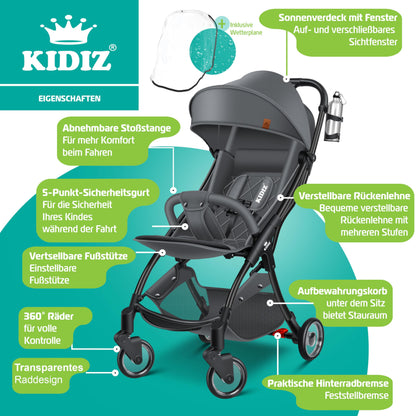 KIDIZ® Folding Pushchair, Sports Pram, 360° Wheels, 5-Point Harness, incl. Drinks Holder, Rain Cover, Adjustable Backrest and Sun Canopy, Red