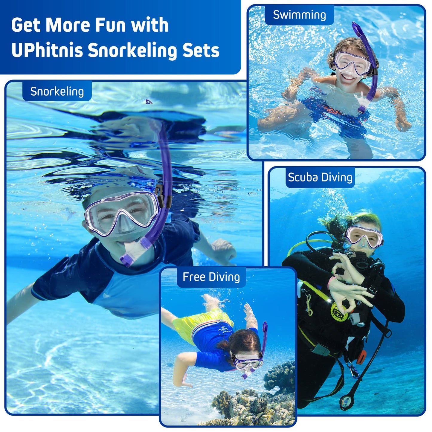 UPhitnis Kinderschnorchelset mit Flossen, Antibeschlag 180° Panorama Taucherbrille, verstellbare Schwimmflossen und Premium Dry Schnorchel, 3-in-1 Schnorchelset für Kinder mit Tragetasche