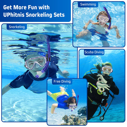 UPhitnis Kinderschnorchelset mit Flossen, Antibeschlag 180° Panorama Taucherbrille, verstellbare Schwimmflossen und Premium Dry Schnorchel, 3-in-1 Schnorchelset für Kinder mit Tragetasche