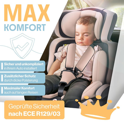 Autokindersitz mit Isofix i-Size R129 100-150cm bis 12 Jahre, Kinderautositz Gruppe 1/2/3, mitwachsender Kindersitz, 5-Punkt-Gurt & höhenverstellbare Kopfstütze, Sitzerhöhung Auto, Schwarz
