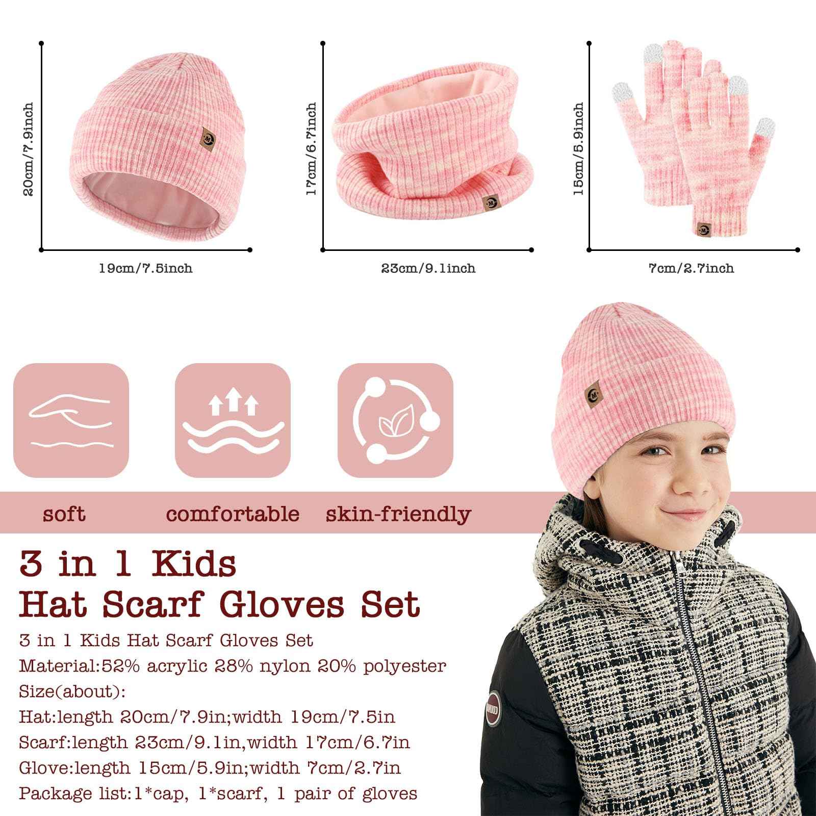 MARUKO Children's Winter Hat Scarf Gloves Set 3 in 1, Toddler Knitted Beanie Neck Warmer, Thick Fleece Thermal Knit Hat Scarf Gloves Set for Children Aged 2-8