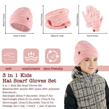 MARUKO Children's Winter Hat Scarf Gloves Set 3 in 1, Toddler Knitted Beanie Neck Warmer, Thick Fleece Thermal Knit Hat Scarf Gloves Set for Children Aged 2-8