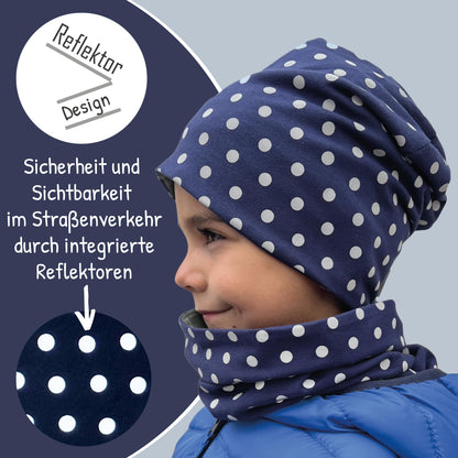 Heckbo 360° Reflector Children's Hat & Loop Scarf Set, Many Designs, 2–8 Years, 95% Cotton, Soft & Easy-Care Stretch Material, for Boys, Girls, Beanie for Spring, Summer, Autumn, Winter